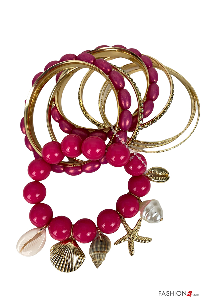 OEM Σετ μεταλλικά βραχιόλια με φούξια-ροζ χάντρες και καλοκαιρινά charms