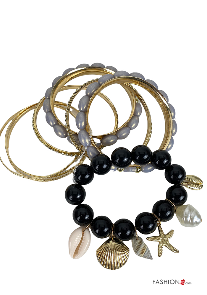 OEM Σετ μεταλλικά βραχιόλια με μαύρες χάντρες και καλοκαιρινά charms