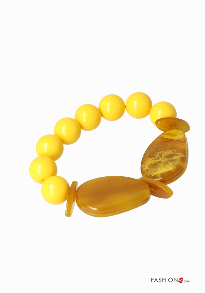 OEM Ελαστικό βραχιόλι με μουσταρδί κοκάλινες πλακέ και στρογγυλές χάντρες